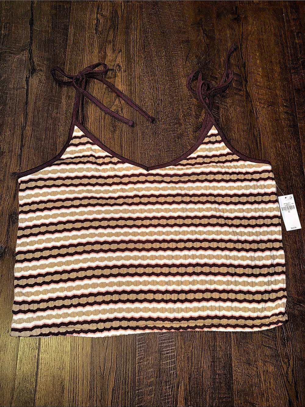 Old Navy Pointelle Tie-Strap Tank Top Brown & White